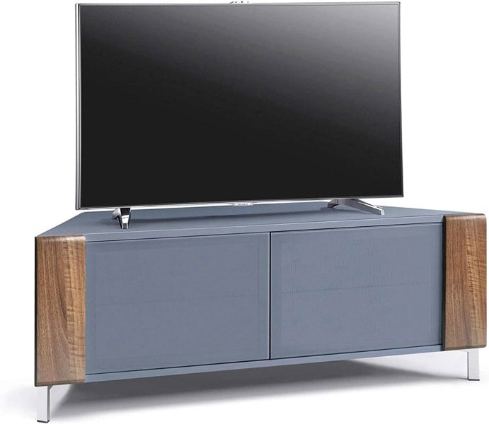 MDA Designs CORVUS Corner-Friendly Grey BeamThru Glass Doors with Walnut Profiles Contemporary Cabinet for Flat Screen TVs up to 50"