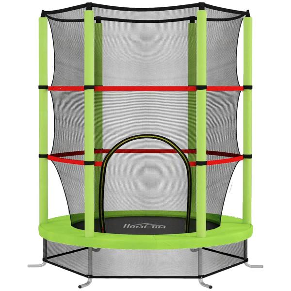 Kids trampoline with enclosure net, green frame, gray jumping mat, front zip door