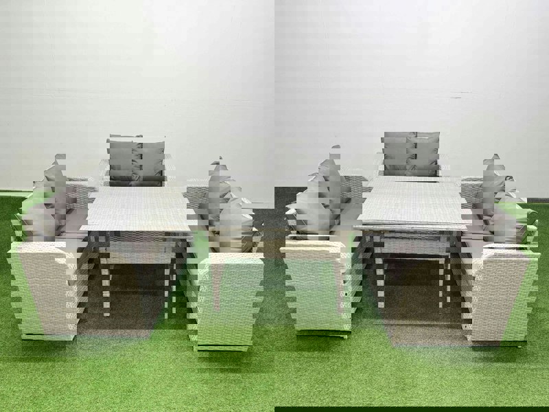 Fimous  6 Seater PE Wicker Rattan Furniture Sofa Sets with Rectangular Dining Table 2 Seater Love Sofa Light Grey