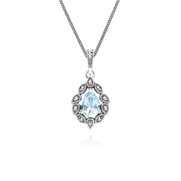 Gemondo Art Deco Style Pear Blue Topaz & Marcasite Pendant Necklace in Sterling Silver