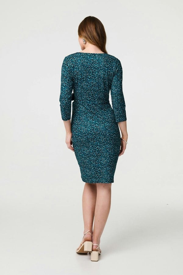 Green | Animal Print Knot 3/4 Sleeve Short Dress
