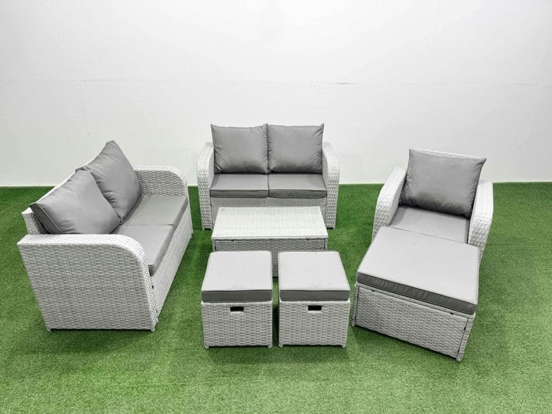 Fimous High Back Poly Rattan Garden Furniture Set - Light Grey Indoor/Outdoor Patio Set with Reclining Chair & Rectangular Coffee Table
