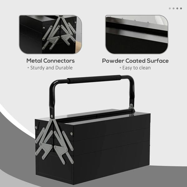 Black metal toolbox with carry handle and folding connectors