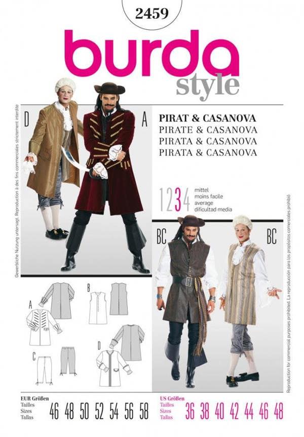 Burda Sewing Pattern 2459 Costumes For Men, 36 to 48 - Intermediate