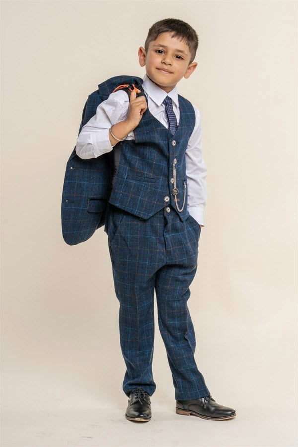 Cody blue boys tweed three piece suit front