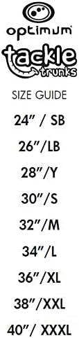 Optimum Tackle Trunks size guide chart with logos listing waist sizes 24in to 40in XXXL on white - Optimum