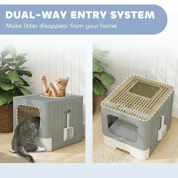 Cat Litter Box with Lid, Slide-Out Drawer, Scoop, Easy Clean, Odour Control, Anti-Splashing, Grey