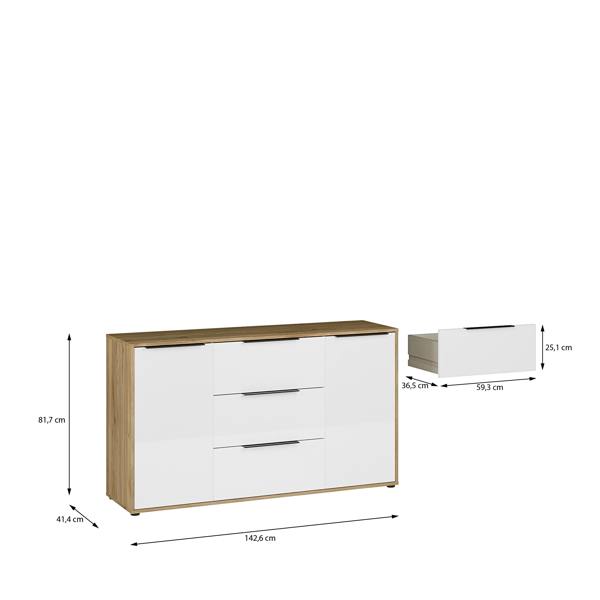 Furniture To Go Orkney 3 Drawer Sideboard with 2 Doors in Mauvella Oak and White Gloss