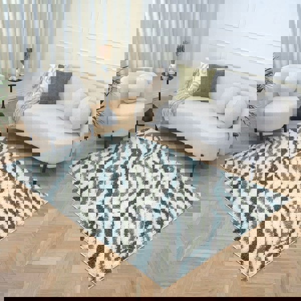 Moodi Shaggy Green Rug, abstract design, 30 mm plush pile | THE RUGS