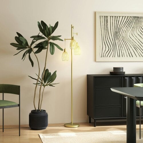 Wyld Haus Rodi Metal Gold Tone Industrial 3 Light Floor Lamp With Wire Cage Shades