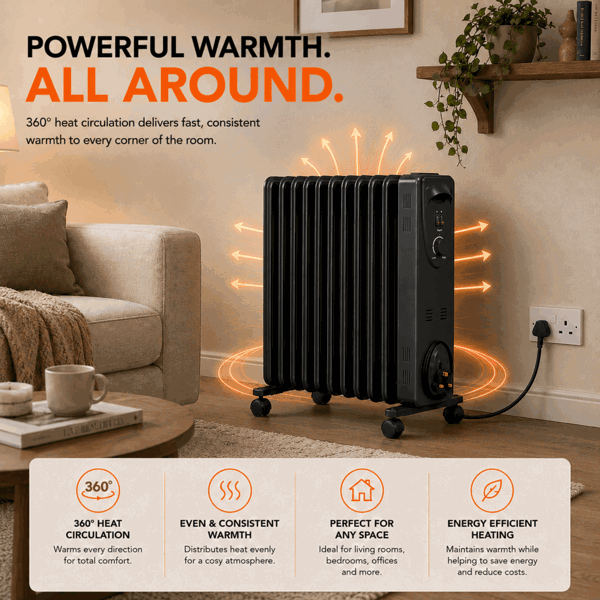 MYLEK Oil Filled Radiator 2500W Portable Heater Thermostat 3 Heat Settings Grey