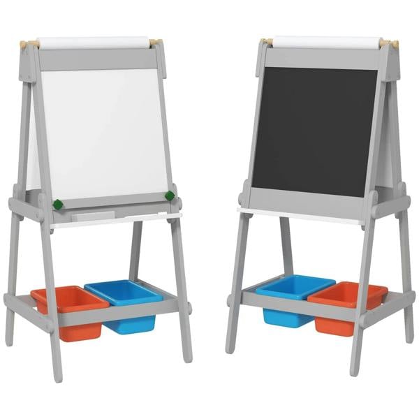 Kids double-sided art easel with grey frame, paper roll, whiteboard and chalkboard