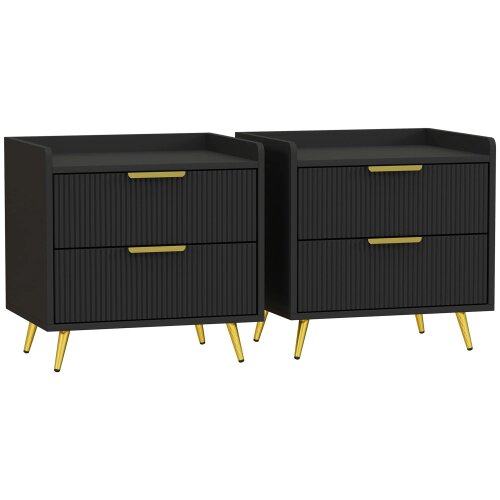 Wyld Haus Veha Black Set Of 2 Elegant Ribbed 2 Drawer Bedside Tables Gold Handles