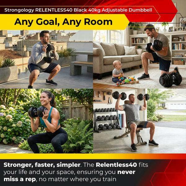 Homeology RELENTLESS40 Adjustable Smart Dumbbell 5kg to 40kg Single Home Fitness Training Weights Black