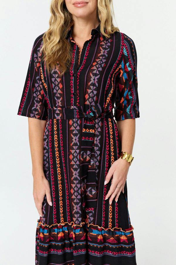 Black | Printed 1/2 Sleeve Shirt Midi Dress