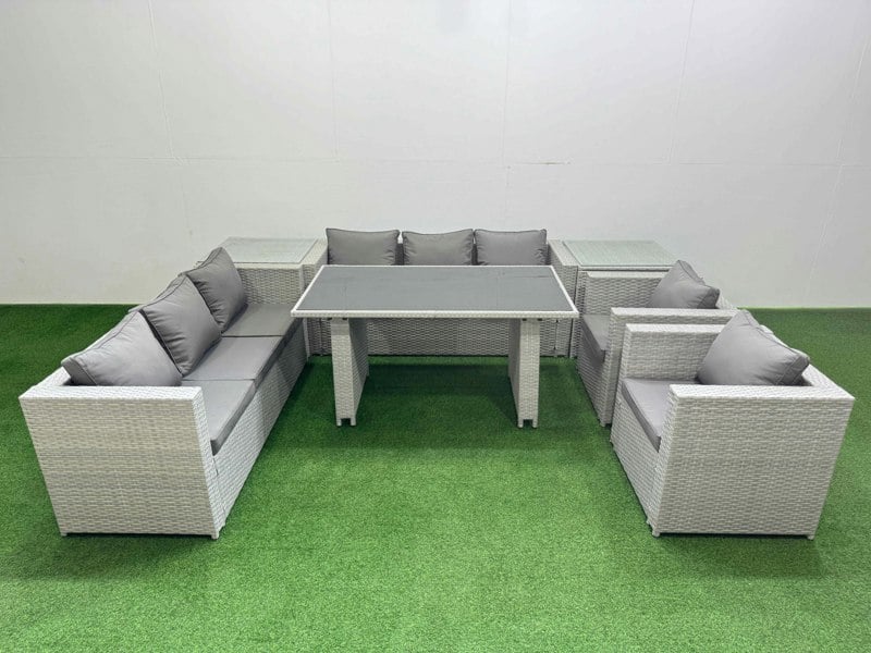 Fimous 8 Seater Wicker PE Rattan Furniture Outdoor Dining Table 3 Seater Sofa Armchair Set with 2 Side Tables Light Grey