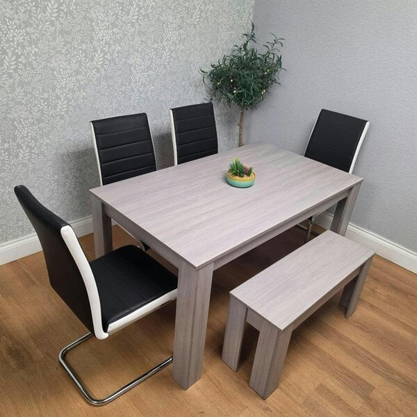 Kosy Koala Dining Table Set with 4 Black Faux Leather Chairs & Bench, Light Grey Arrow Pattern, 140cm