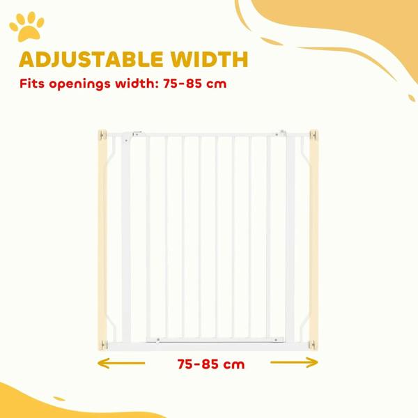 White dog gate width adjustment diagram for 75–85 cm openings