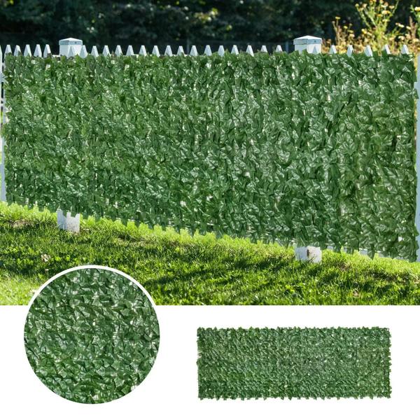 Dark green artificial leaf hedge privacy fence panel with dense overlapping foliage