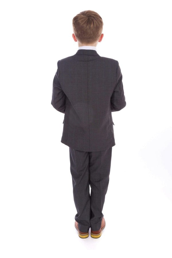 young boy wearing grey suit rear