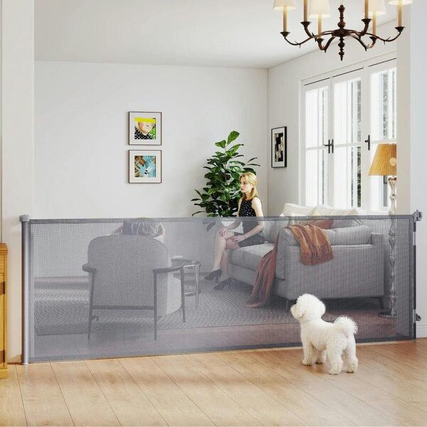 Retractable Dog Gate, Extends to 300 cm Wide & 104 cm Tall, Mesh Pet Gate Single Hand Operation, for Stairs Doorways - Grey