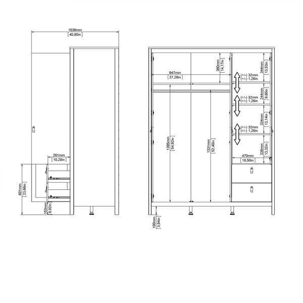 Wyld Haus Gossmere Matt Black Wardrobe 3 Doors 2 Drawers