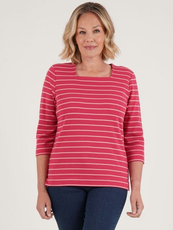 PennyPlain Stripe Square Neck Top - Berry/dusk