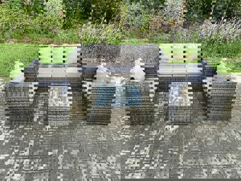 Fimous Outdoor Lounge Sofa Set Wicker PE Rattan Garden Furniture Set with Armchair Square Coffee Table Dark Grey Mixed