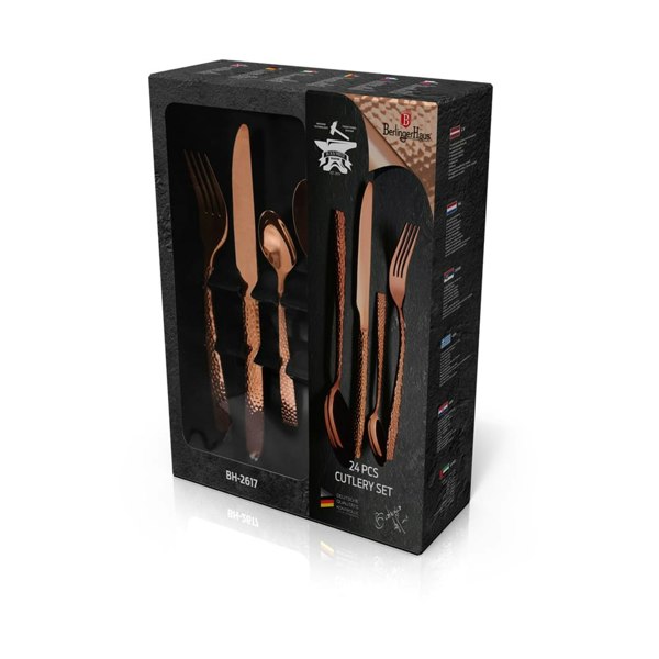 The BH/2617 Rose Gold Cutlery Set nestled in its representative gift box.