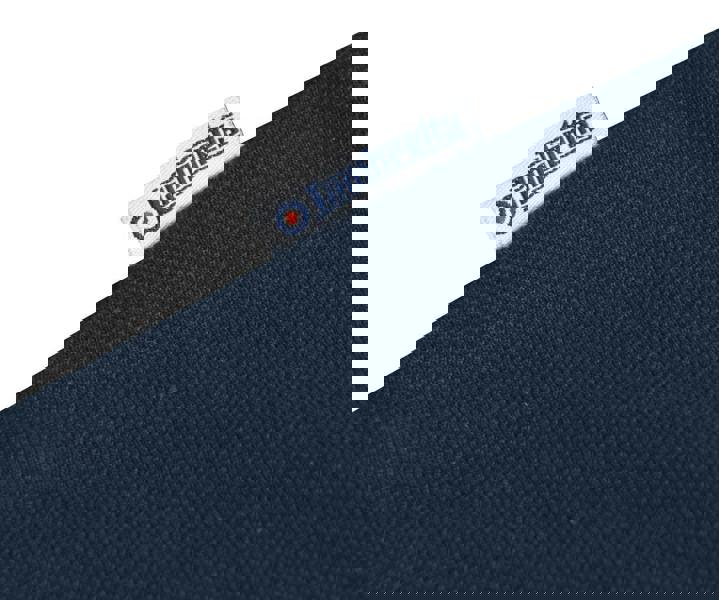 Lambretta Mens Vintage Classic Mod Ska Casual Smart Polo, close-up of dark blue polo shirt fabric with Lambretta brand label.