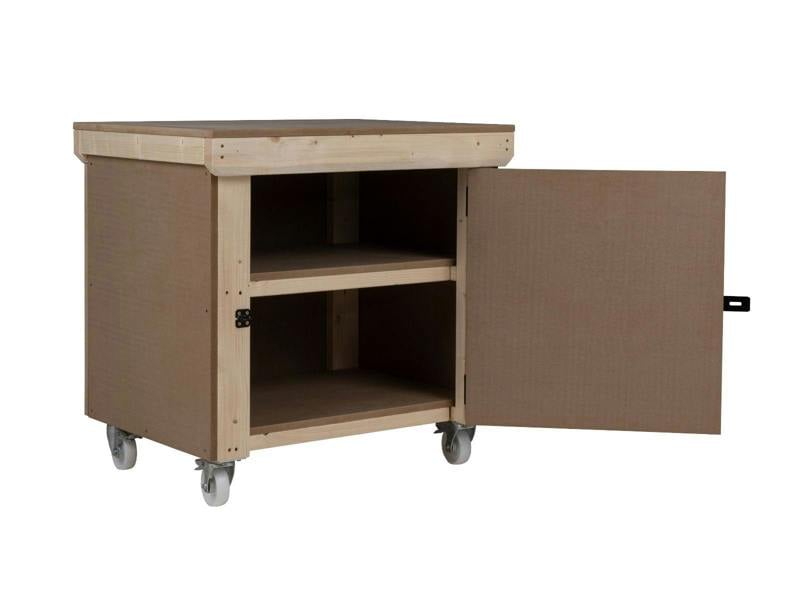 Arbor Garden Solutions Wooden MDF Top Workbench With Lockable Cupboard (V.9) double shelf and wheels