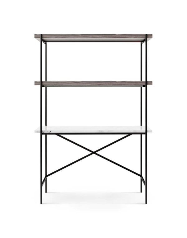 Adriana Shelving & Desk Combo with weathered oak shelves and white marble desk with dark chrome frame © GillmoreSPACE Ltd