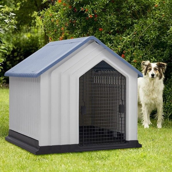 Large Blue-Top Plastic Dog House with Iron Door Living and Home