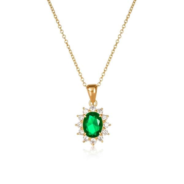 namana Gold Plated Sterling Silver Green Cubic Zirconia Oval Halo Pendant Necklace