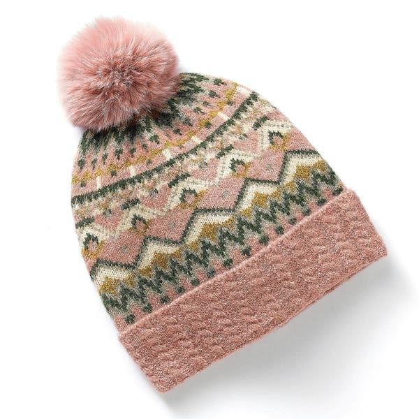 Pia Fair Isle Knit Hat, Blush & Sage Bobble Hat with Faux Fur Pompom