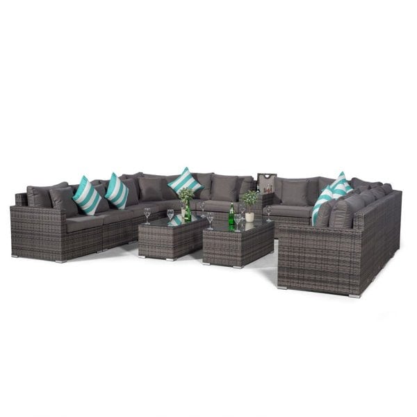 Giardino Santorini U Shape Modular 10 Seat Rattan Sofa Set With Armrest Drinks Cooler & 2 Coffee Tables