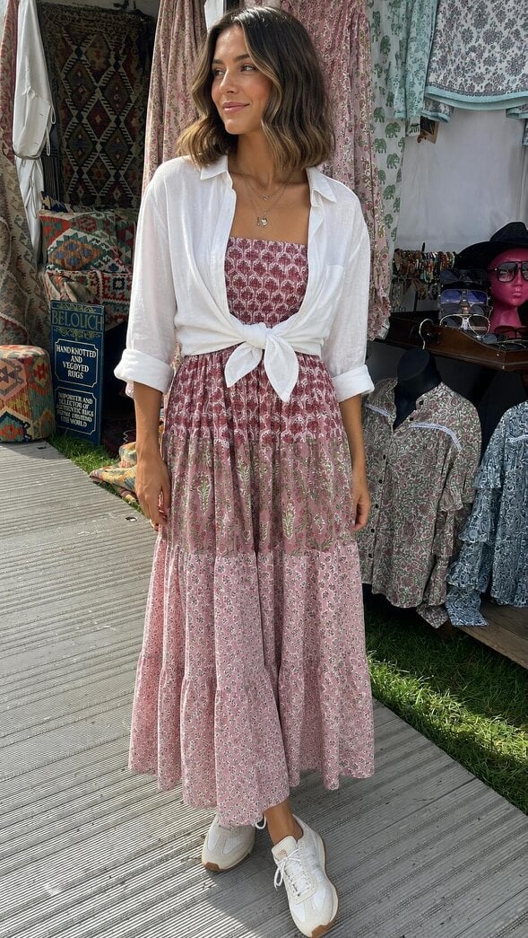 Soul Of Sita Elasticated bodice soft pinks sun dress in beautiful woodblock prints . 100 % cotton voile