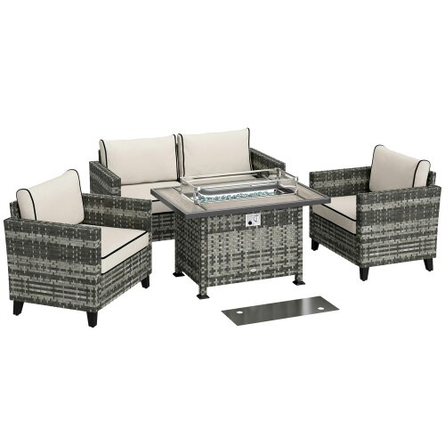 Wyld Haus Nerato Grey Rattan 4 Seater Garden Furniture Set With Gas Fire Pit Table