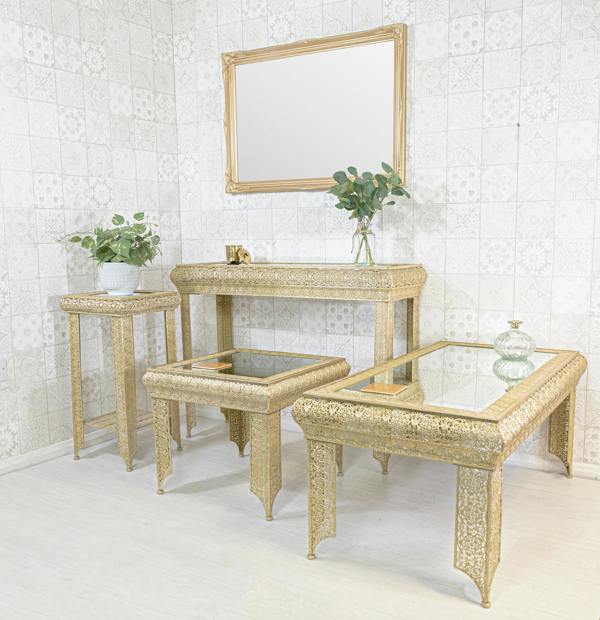 Downton Interiors Light Gold Embossed Metal Mirrored Glass Side Table - Agadir Range