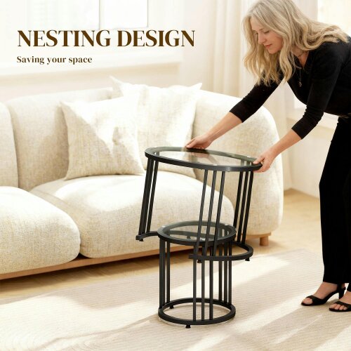 Wyld Haus Kane Set of 2 Metal And Glass Black Round Nesting Tables With Steel Frame