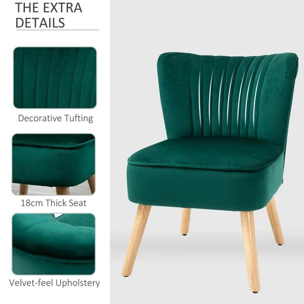 Green accent chair with decorative tufting, thick seat padding, and velvet-feel upholstery