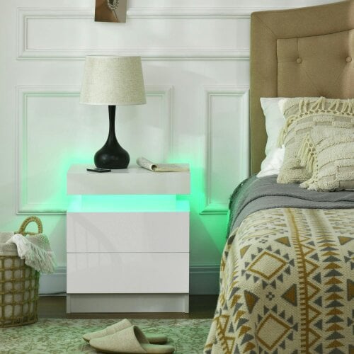 Wyld Haus Rema High Gloss White Bedside Table With LED Lighting And 2 Drawer Storage