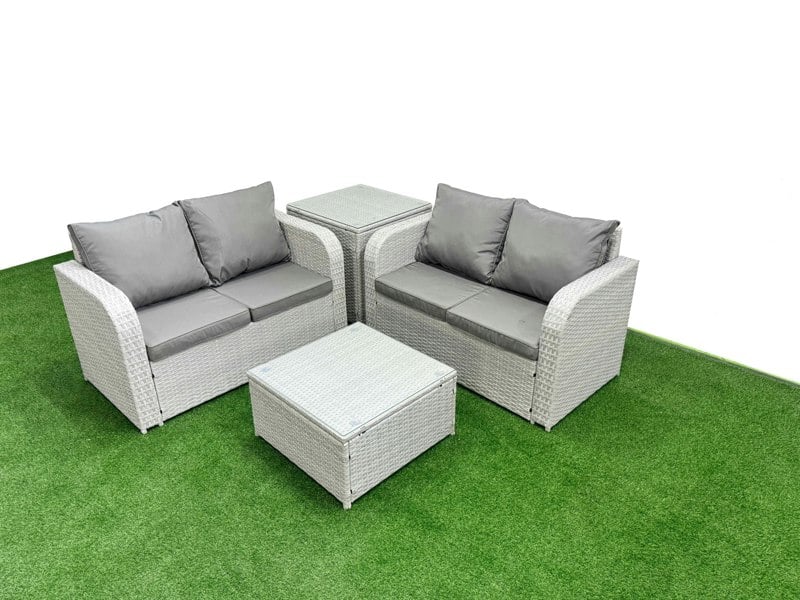Fimous 4 Seater Outdoor Love Sofa Set Rattan Garden Furniture Set with Square Coffee Table Side Table Light Grey