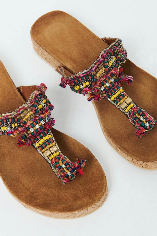 Orange | Beaded Detail Faux Leather Sandals