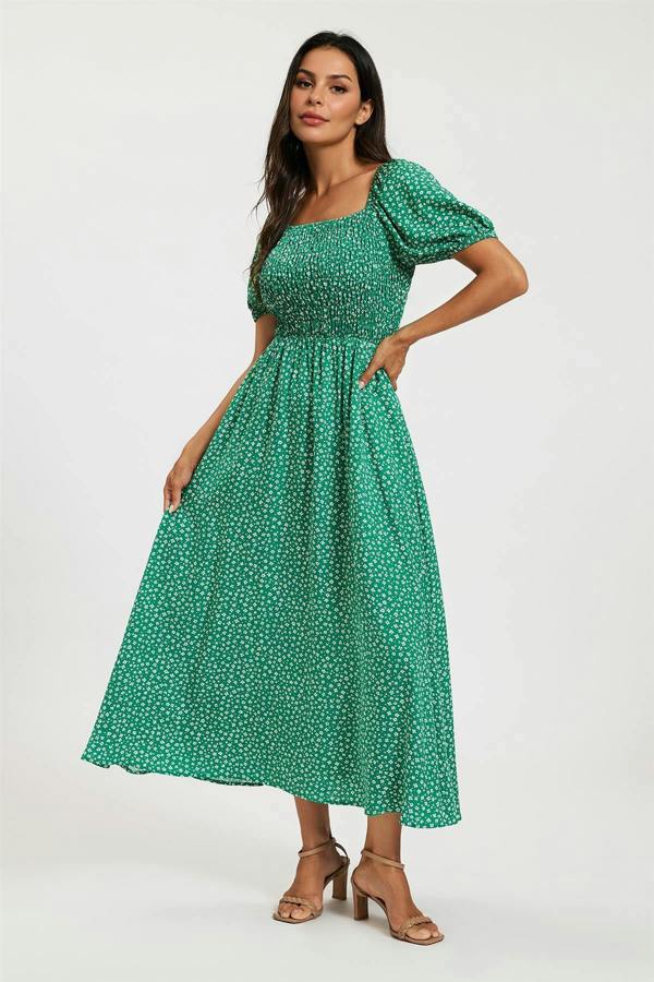 FS Collection Floral Print Short Sleeve Midi Dress In Green