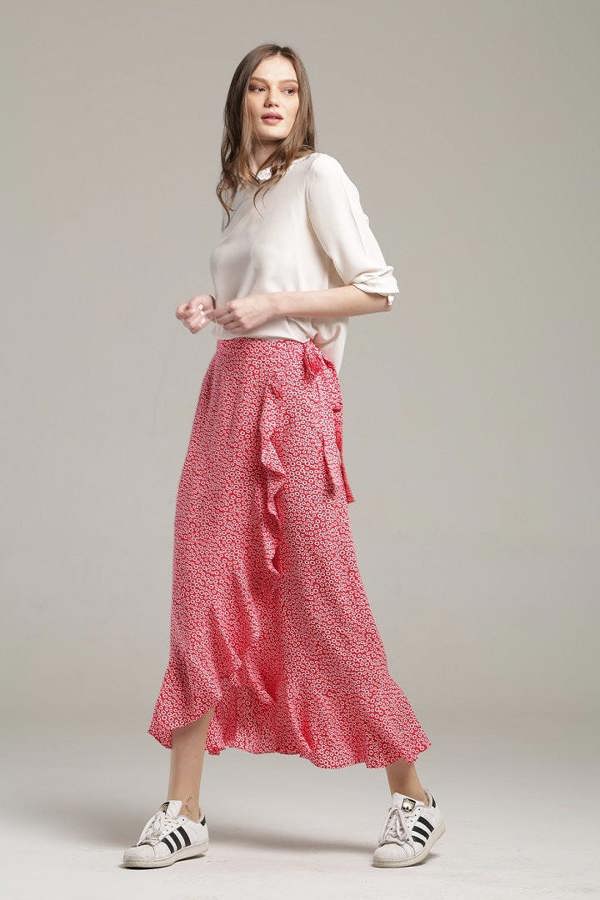 Rumour London Stella ruffled floral-print wrap skirt in red
