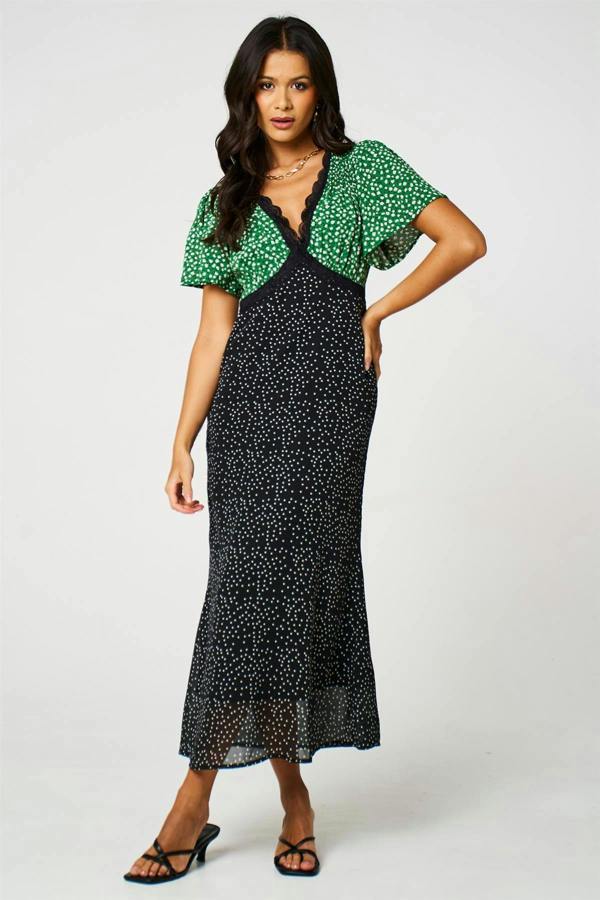FS Collection Black Dot & Green Floral Print Angel Sleeve Maxi Dress