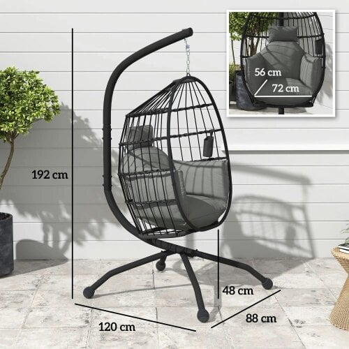 Bobobiy Hanging Egg Chair Garden Swing Chair with Folding Basket and Thickened Cushion, Garden Hanging Chair with Stand, Cup Holder, Dark Grey