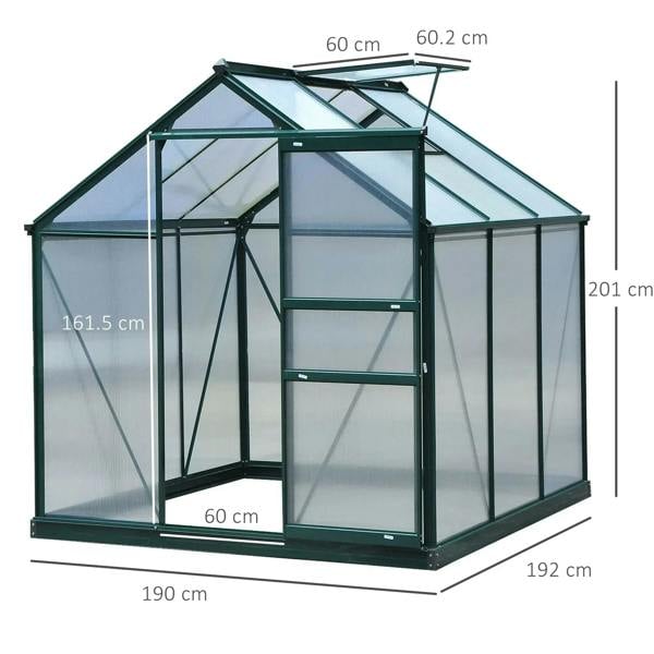 Dark green frame polycarbonate greenhouse with sliding door and open interior