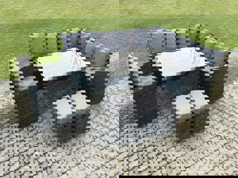 Fimous 9 Seater Garden Rattan Furniture Corner Sofa Dining Table Set with 2 Small Footstools Armchair Indoor Outdoor Lounge Sofa Set